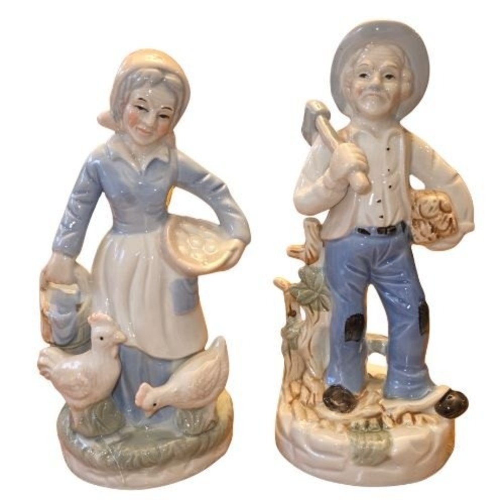 Vintage‎ Ceramic Farm Couple Figurines Rustic French Country Chickens 2pc Set